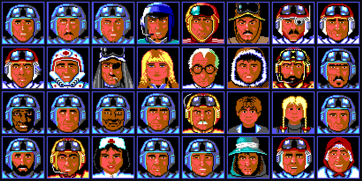 The 32 Midwinter character portraits extracted from the game's EGA CMP sprite files