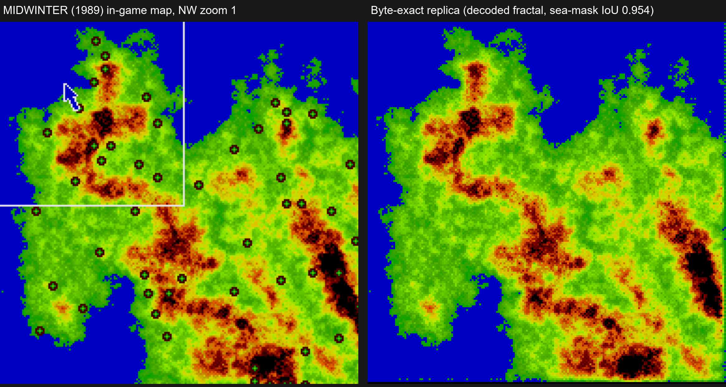 In-game map next to the Python replica of the decoded terrain generator